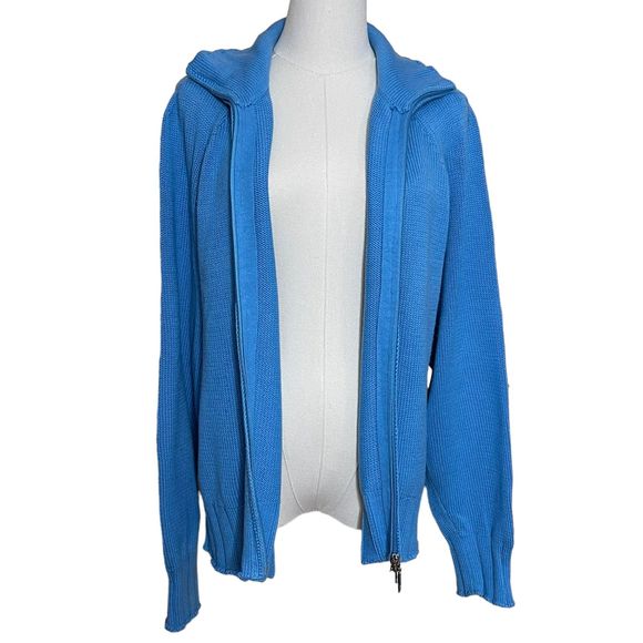 Vintage ALPS Knit Full Zip Sweater Cardigan Women's L Blue 100% Cotton High Neck - Picture 2 of 10